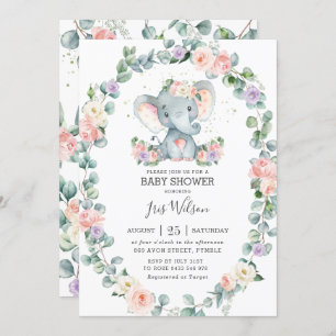 Blush Lila Floral Greenery Elephant Baby shower Kaart