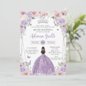 Blush Lila Witte Bloemen Zilver Quinceañera XV 16 Kaart (Staand voorkant)