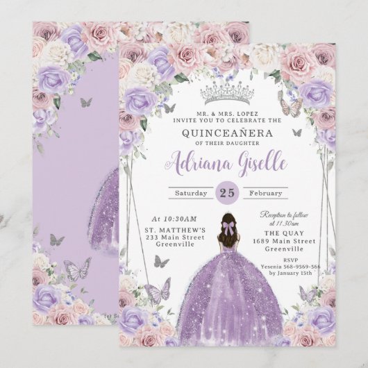 Blush Lila Witte Bloemen Zilver Quinceañera XV 16 Kaart (Voorkant / Achterkant)