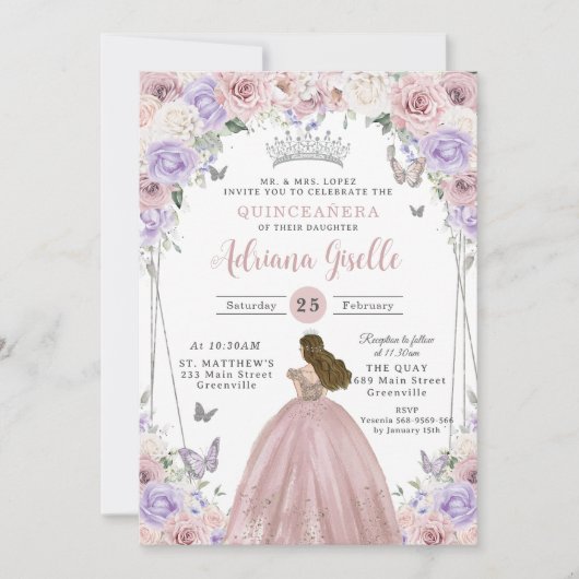 Blush Lila witte bloemenjurk Quinceañera XV 16 Kaart (Voorkant)