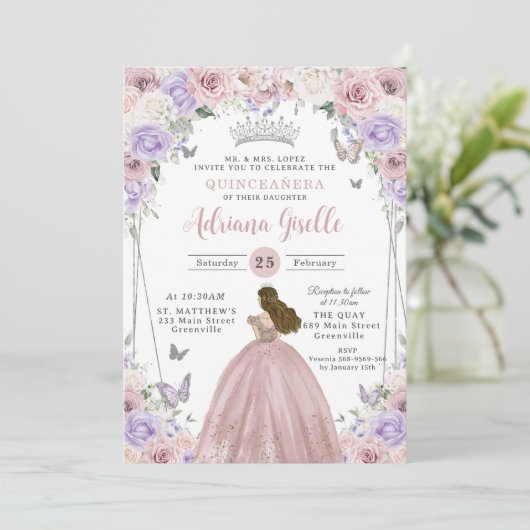 Blush Lila witte bloemenjurk Quinceañera XV 16 Kaart (Staand voorkant)