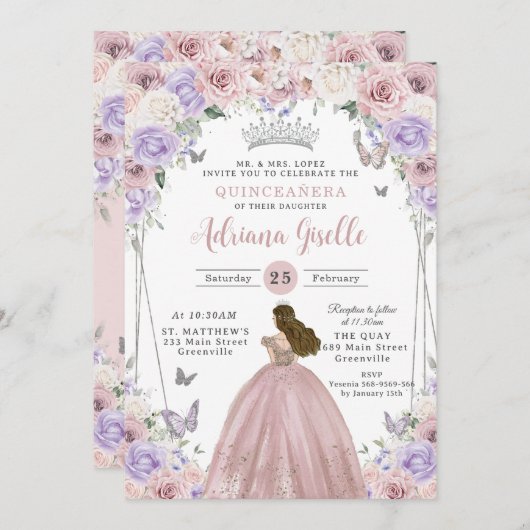 Blush Lila witte bloemenjurk Quinceañera XV 16 Kaart (Voorkant / Achterkant)