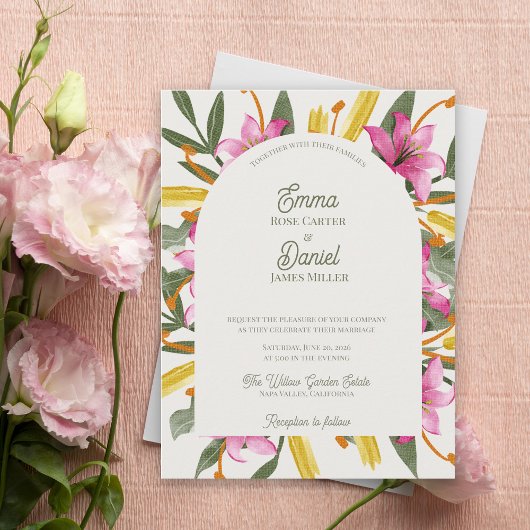 Blush Lily Arched Botanical Floral Wedding Uitnodiging Briefkaart