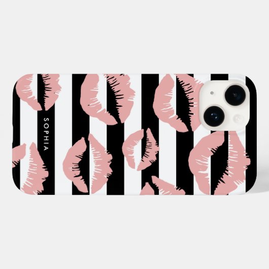 Blush Lip Print Kisses Black & White Stripe Case-Mate iPhone Case (Achterkant (horizontaal))