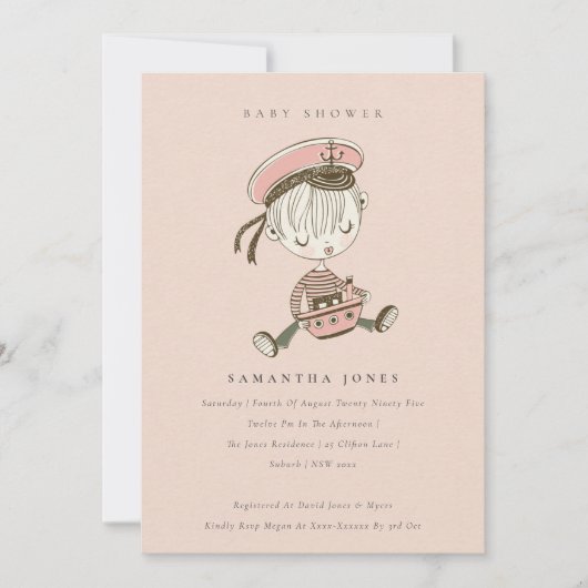 Blush Little Sailor Nautical Baby shower Invite Bedankkaart (Voorkant)