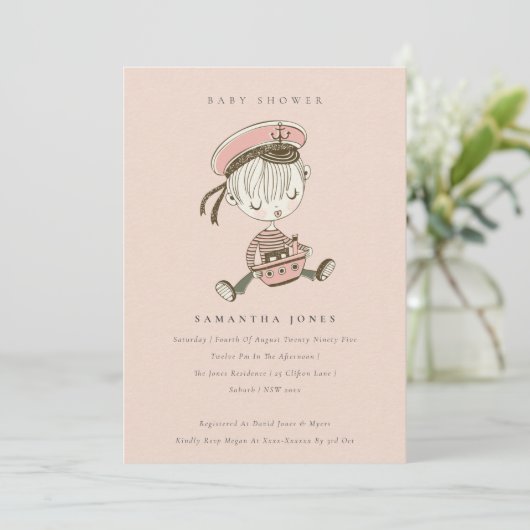Blush Little Sailor Nautical Baby shower Invite Bedankkaart (Staand voorkant)
