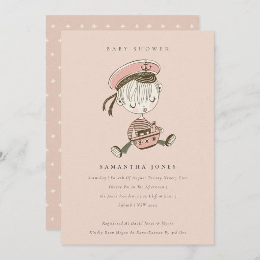 Blush Little Sailor Nautical Baby shower Invite Bedankkaart (Voorkant / Achterkant)