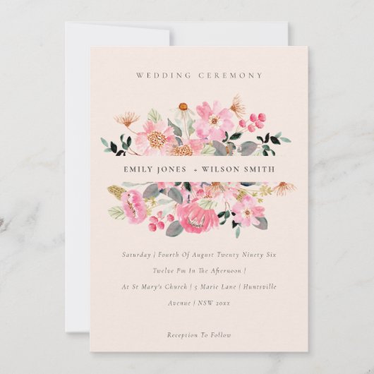 Blush Lively Pink Waterverf Floral Wedding Invite Bedankkaart (Voorkant)
