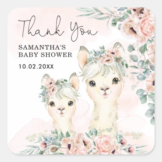 Blush Llama Floral Eucalyptus Baby Girl Vierkante Sticker (Voorkant)