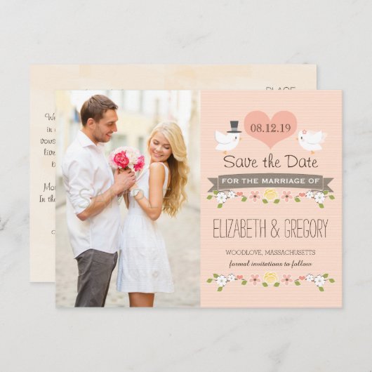 BLUSH LOVE BIRDS DUIF SAVE THE DATE AANKONDIGINGSKAART (Voorkant / Achterkant)