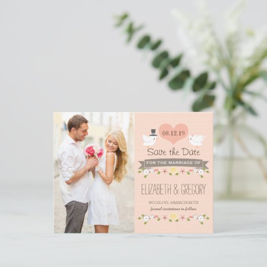 BLUSH LOVE BIRDS DUIF SAVE THE DATE AANKONDIGINGSKAART (Staand voorkant)