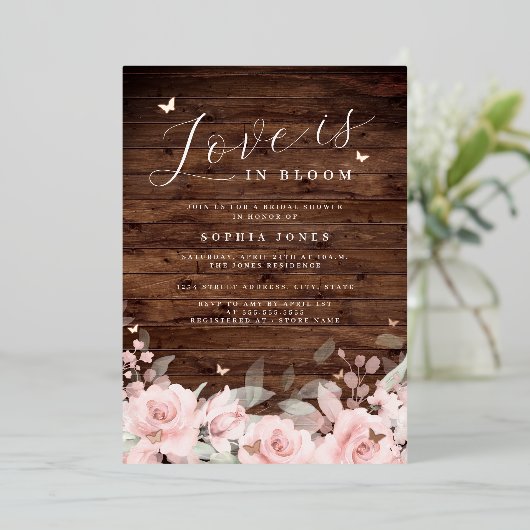 Blush Love is in Bloom Rustic Wood Vrijgezellenfee Folie Uitnodiging (Staand Voorkant)