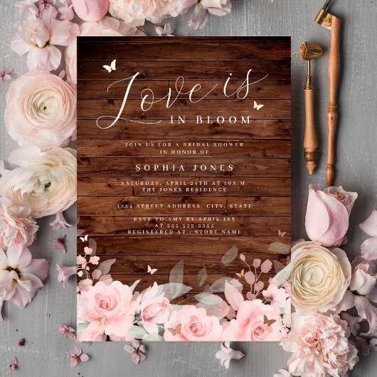 Blush Love is in Bloom Rustic Wood Vrijgezellenfee Folie Uitnodiging