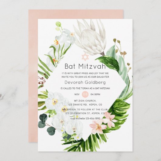 Blush Lush Paradise Tropical Floral Bat Mitzvah Kaart (Voorkant / Achterkant)