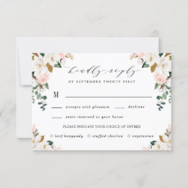 Blush Maaltijd Keuze Goud en Wit Magnolia Bruiloft RSVP Kaartje
