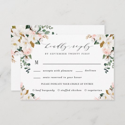 Blush Maaltijd Keuze Goud en Wit Magnolia Bruiloft RSVP Kaartje (Voorkant / Achterkant)
