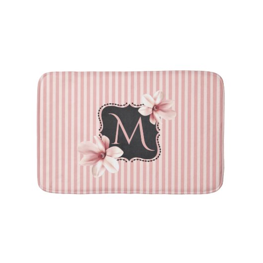 Blush Magnolias and Stripes Monogramed Badmat (Voorkant)