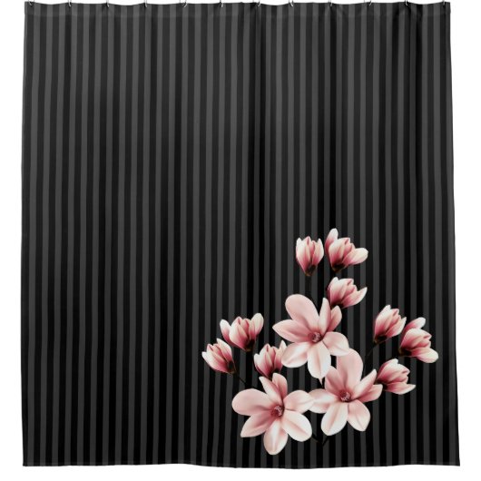 Blush Magnolias op Black Stripes Douchegordijn (Voorkant)