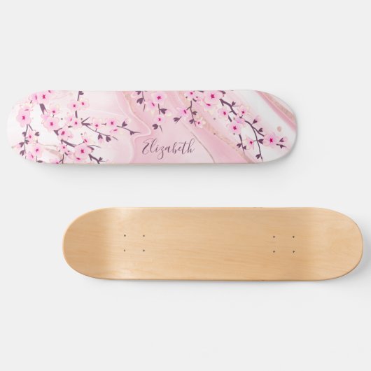 Blush Marble Cherry Blossom Monogram Girly Persoonlijk Skateboard (Horizontaal)