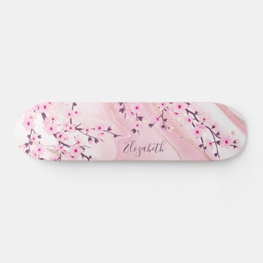 Blush Marble Cherry Blossom Monogram Girly Persoonlijk Skateboard (Horizontaal)