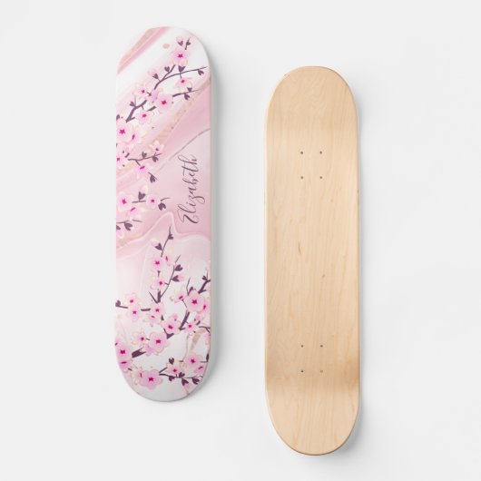 Blush Marble Cherry Blossom Monogram Girly Persoonlijk Skateboard (Voorkant)