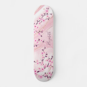 Blush Marble Cherry Blossom Monogram Girly Persoonlijk Skateboard