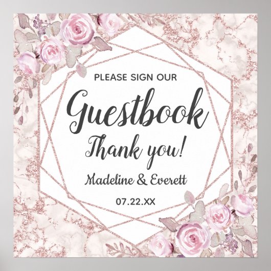Blush Marble Floral Sign Ons Guestbook Tabelteken Poster (Voorkant)