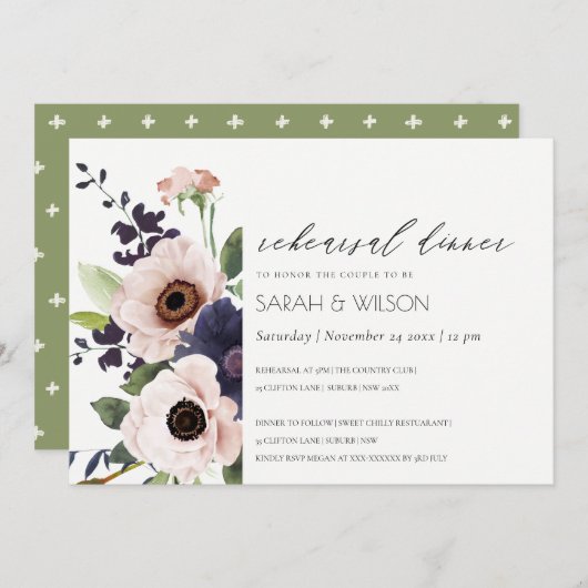 Blush marine Anemone Floral Rehearsal Dinner Invit Bedankkaart (Voorkant / Achterkant)