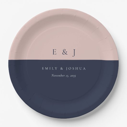 Blush marine blauw moderne bruiloft papieren bordje (Voorkant)
