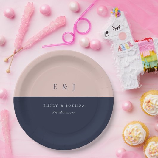 Blush marine blauw moderne bruiloft papieren bordje (Feest)