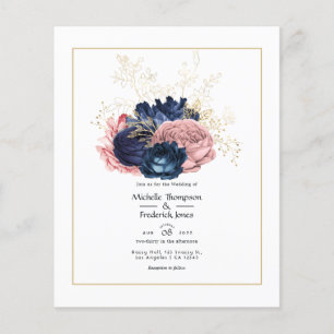 Blush, Marine en Goud Bloemen Bruiloft Uitnodiging Flyer