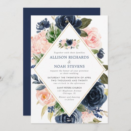 Blush marine en goud moderne bloemen elegant kaart (Voorkant / Achterkant)