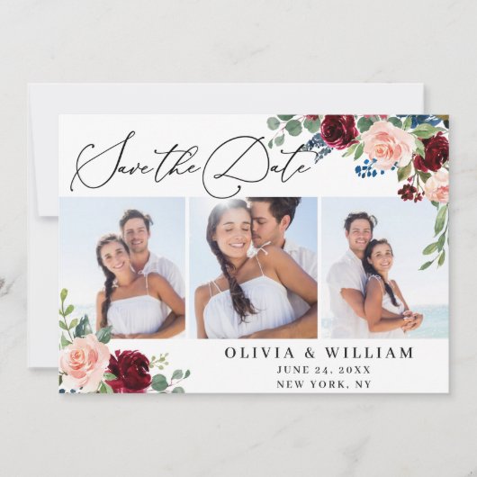 Blush marine White Roses 3 PHOTO Weddenschap Save The Date (Voorkant)