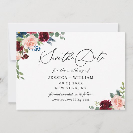 Blush marine White Roses 3 PHOTO Weddenschap Save The Date (Achterkant)