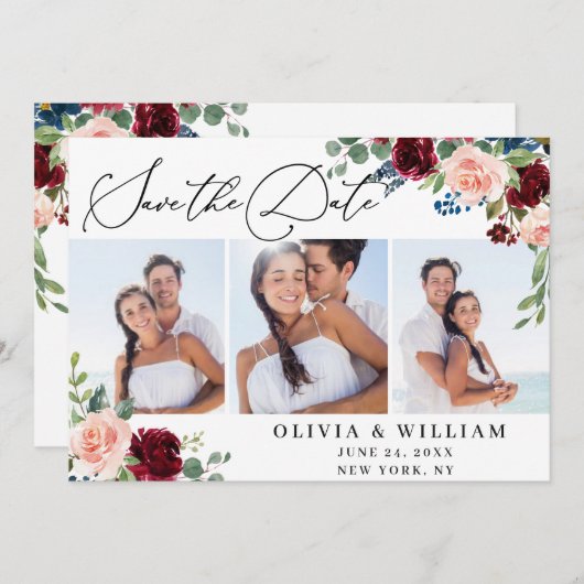 Blush marine White Roses 3 PHOTO Weddenschap Save The Date (Voorkant / Achterkant)