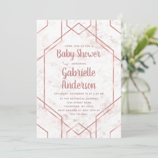 Blush Marmer en Roos Goud Baby shower Invitation Kaart (Staand voorkant)