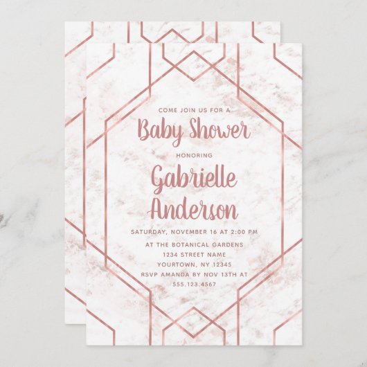 Blush Marmer en Roos Goud Baby shower Invitation Kaart (Voorkant / Achterkant)