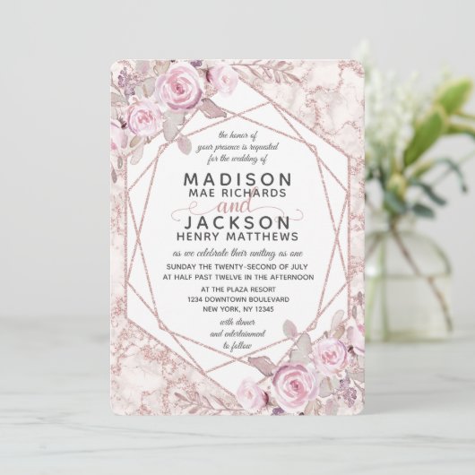 Blush Marmer Geometrisch Lijst Bruiloft Uitnodigin Kaart (Staand voorkant)