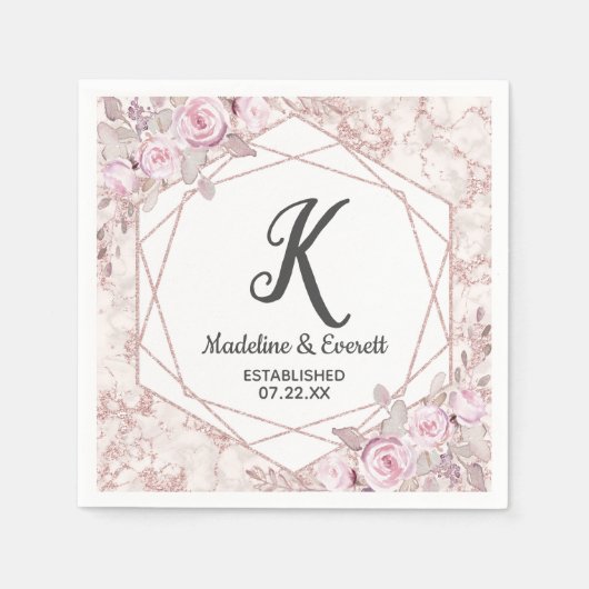 Blush Marmer Geometrische Bloemen Monogram Bruilof Servet (Voorkant)