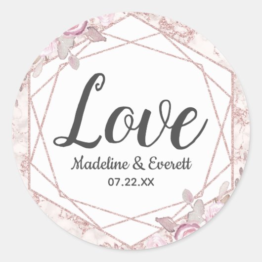 Blush Marmer Geometrische Bloemen Monogram Liefde Ronde Sticker (Voorkant)