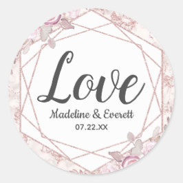 Blush Marmer Geometrische Bloemen Monogram Liefde Ronde Sticker