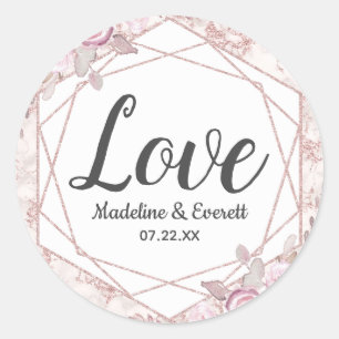 Blush Marmer Geometrische Bloemen Monogram Liefde Ronde Sticker