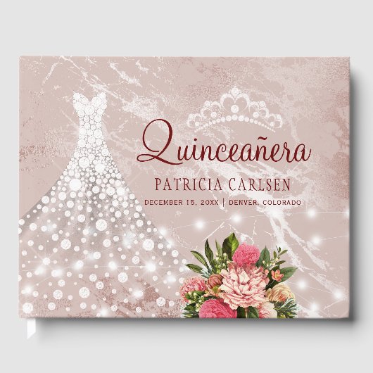 Blush marmeren sparkle diamanten jurk quinceanera gastenboek (Voorkant)