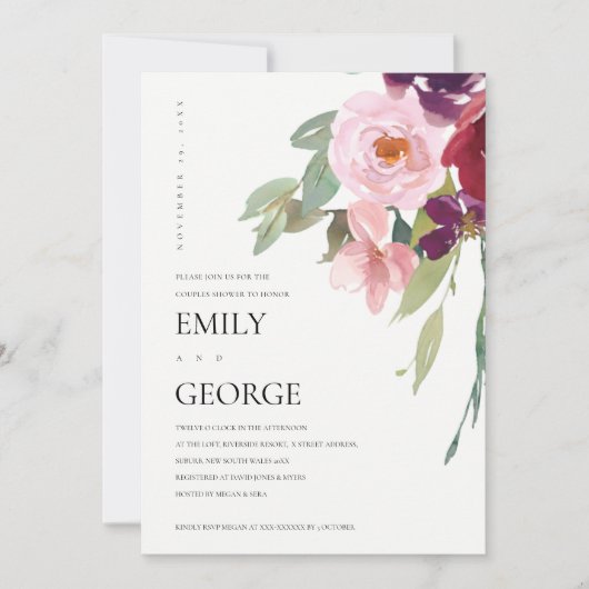 BLUSH MARSALA PINK ROSE FLORAL COUPLE SHOWER KAART (Voorkant)