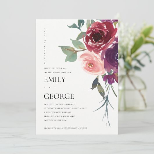 BLUSH MARSALA PINK ROSE FLORAL COUPLE SHOWER KAART (Staand voorkant)