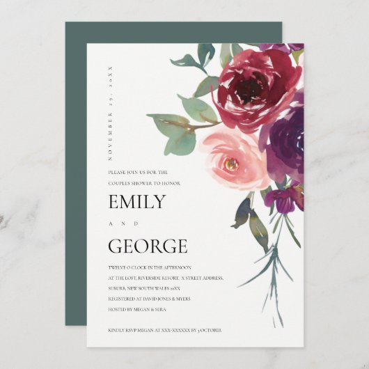 BLUSH MARSALA PINK ROSE FLORAL COUPLE SHOWER KAART (Voorkant / Achterkant)