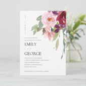 BLUSH MARSALA RED ROSE FLORAL VERLOVING INVITE BEDANKKAART (Staand voorkant)