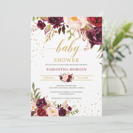 Blush marsala roze bloemengoud boho baby shower kaart (Staand voorkant)