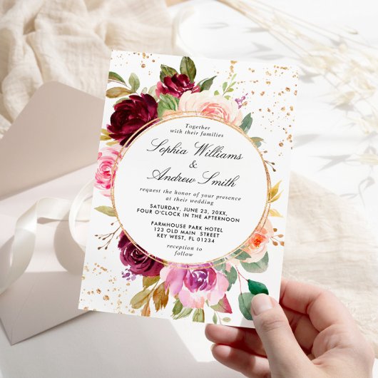 Blush Marsala Rozen & Gouden Stippen Bruiloft Kaart