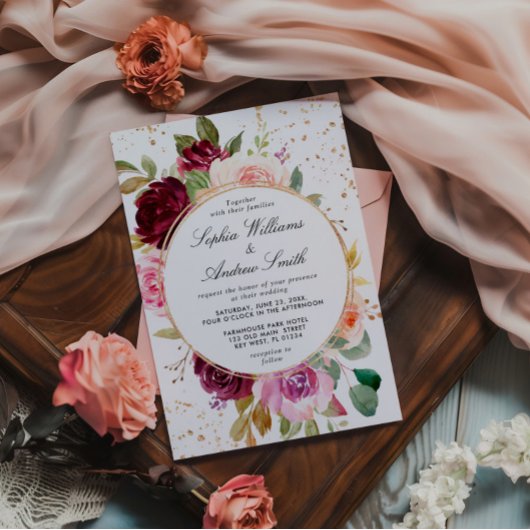 Blush Marsala Rozen & Gouden Stippen Bruiloft Kaart